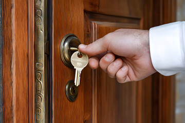 A hand inserting a key into a wooden door lock.