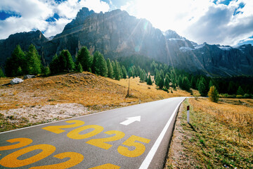 2025 New Year road trip travel and future vision concept . Nature landscape with highway road...