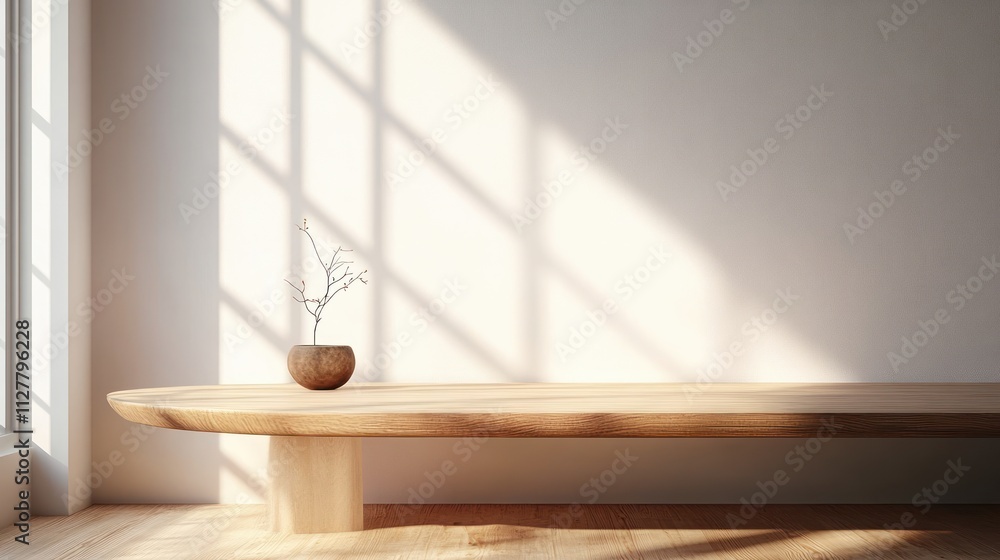 Poster minimalist wooden table with natural light and soft shadows for product display background