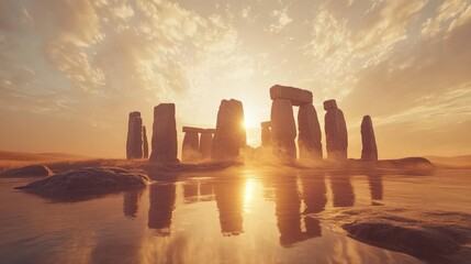 Stonehenge sunset, reflected in water.