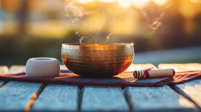 Meditation Bowl with Incense Stick Holder on Wooden Surface in Serene Outdoor Setting