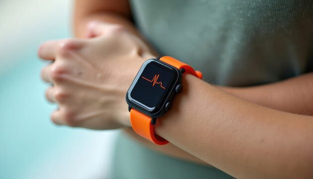 Person wears modern health tech wrist watch. Heart rate monitor on display. Person uses health tracker for daily wellness. Individual checks pulse. Health care important. Modern tech for wellness.
