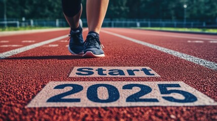 A track with the "Start 2025" sign, showing an athlete woman preparing for a new year challenge, symbolizing health goals and success for the coming year.