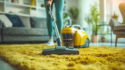 Woman vacuuming a yellow shaggy rug in her living room.