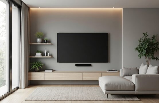 Modern living room large flat-screen TV mounted on wall. Light wooden built-in storage unit holds decor. Light colored sofa with chaise lounge style. Neutral color palette creates calm, comfortable