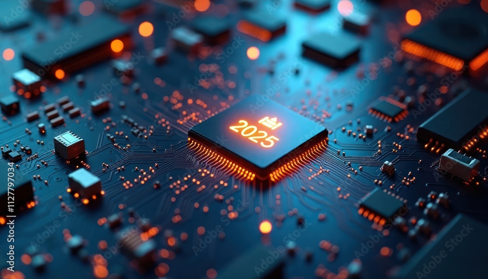 Poster intricate circuit board design features glowing 2025 chipset under soft lighting. modern tech future