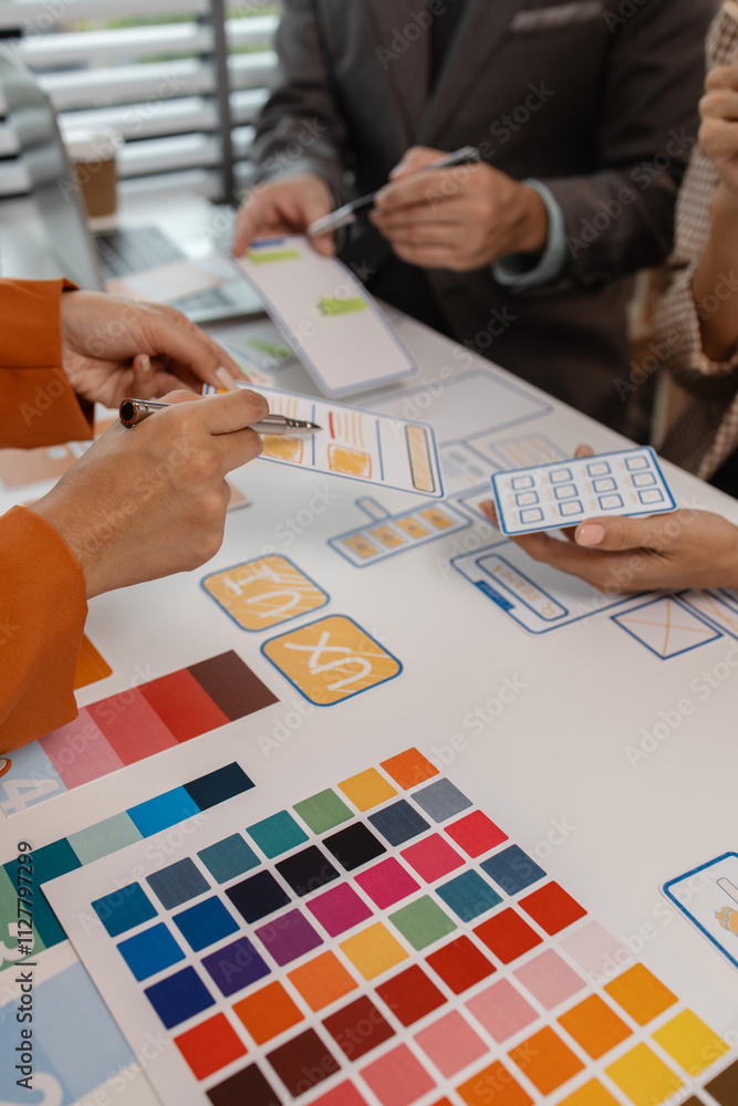 Poster process of creating an interface for a mobile app, user interface and experience concept, ux, ui, ux
