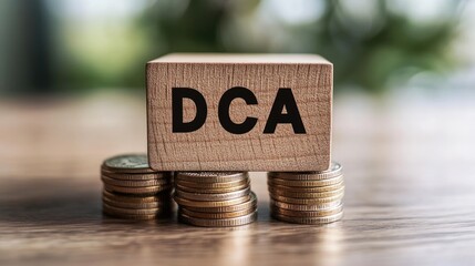 A wooden cube with the letters "DCA" and coins stacked underneath, symbolizing the concept of dollar cost averaging for consistent investment growth.