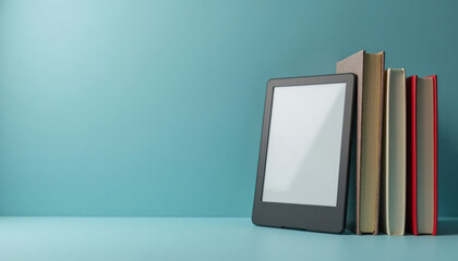 E-reader, hardcover books displayed against light blue background represent digital, traditional reading. Modern tech meets classic literature. Image perfect for educational materials, book clubs,