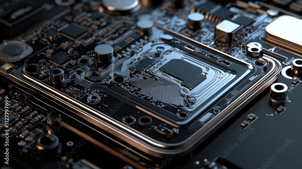 Poster Close-up of a mobile phone motherboard with visible CPU and electronic components, ideal for phone repair and maintenance ads highlighting technology.