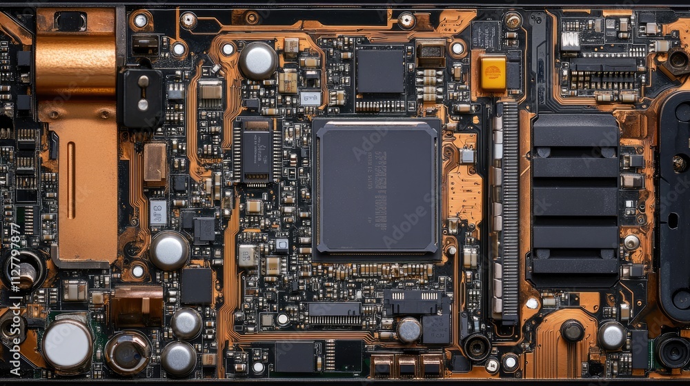 Poster Close-up of the CPU from a disassembled mobile phone with detailed circuitry and components visible, ideal for technology-themed ads or banners.