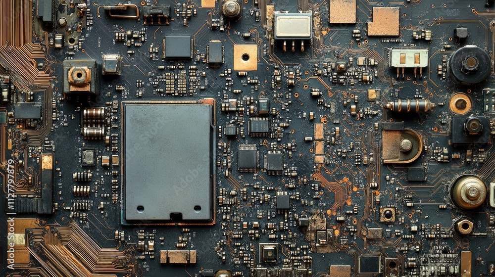Poster Close-up of the CPU from a disassembled mobile phone with detailed circuitry and components visible, ideal for technology-themed ads or banners.