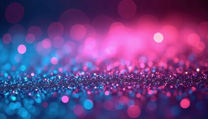 Abstract glowing background with vibrant blue and pink colors. Shimmering glitter texture creates bokeh effect. Defocused sparkles in gradient pattern. Modern design for creative or fashion projects.