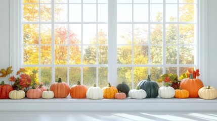 Pumpkin and Fall harvest decoration by a large window at home. Seasonal theme for greeting card background.