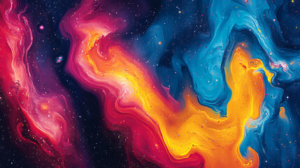 Cosmic Nebula Swirl Abstract Art: Vibrant Hues of Red, Orange, and Blue in a Celestial Dance