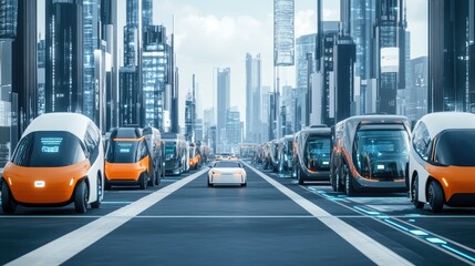 Naklejka premium Electric cars and trucks lined up in a futuristic city, showcasing sustainable transport solutions and green logistics for a cleaner, carbon-neutral future.