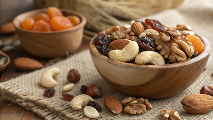 Assorted Nuts and Dried Fruits in a Rustic Wooden Bowl