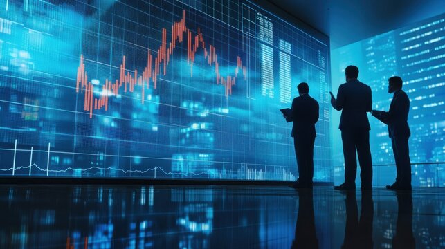 Corporate finance team discussing financial restructuring with graphs projected on a screen