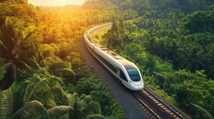 High-speed eco-friendly train traveling through lush green landscapes, symbolizing the transition to sustainable global transport with clean energy solutions.