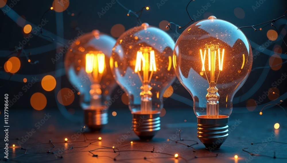 Poster glowing light bulbs in dark environment. abstract network pattern, bokeh lights around bulbs. concep