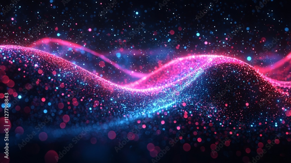 Poster vibrant waves of neon colors dance across a dark background, creating a mesmerizing cyber-themed atm