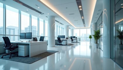 Modern office space with sleek white furniture. Empty desks with computers, chairs arranged in minimalist style. Large windows offer city views. Clean lines, natural light create bright, futuristic