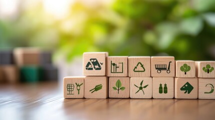 Wooden blocks arranged with eco-friendly transport icons and renewable energy symbols, representing the sustainable shipping strategies for the future.