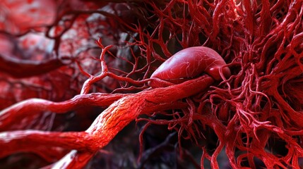 Red organ nestled within blood vessels.