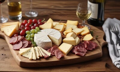 High angle view of gourmet cheese and meat platter served with white wine on wooden board, upscale event, luxury lifestyle