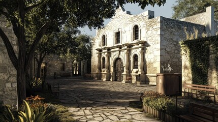 Fototapeta premium Sunlit stone church courtyard, tranquil, shaded.