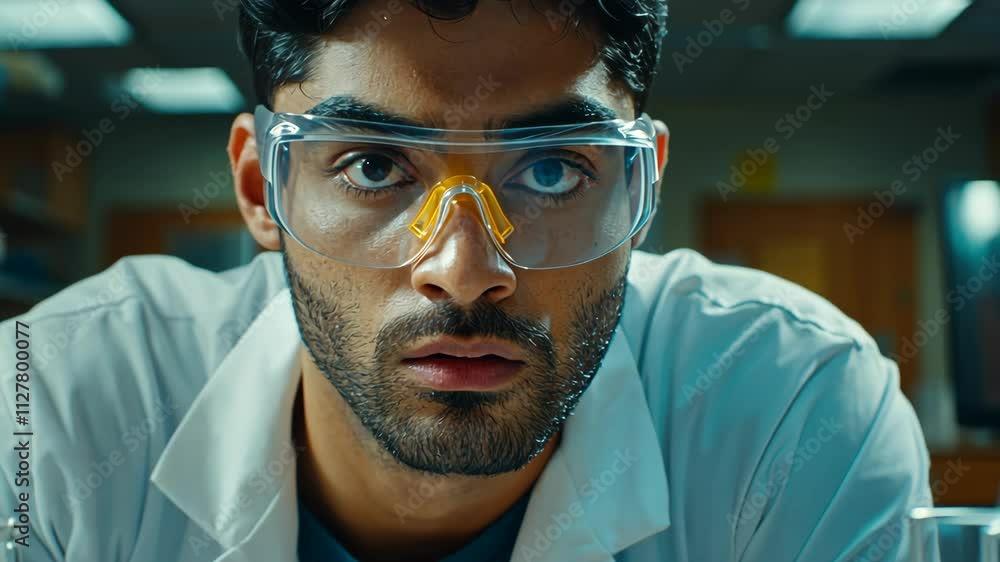 Poster close-up of a focused scientist in a laboratory during an experiment with safety goggles and lab coa