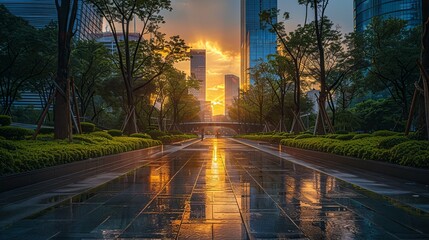 Naklejka premium Urban Sunset: Golden Hour Reflecting on Wet City Pathway