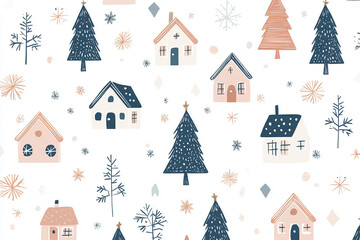 Seamless Winter Village Pattern with Festive Trees and Snowflakes