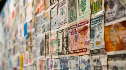 Fototapeta premium Economic trends displayed with international news headlines scrolling alongside currency values