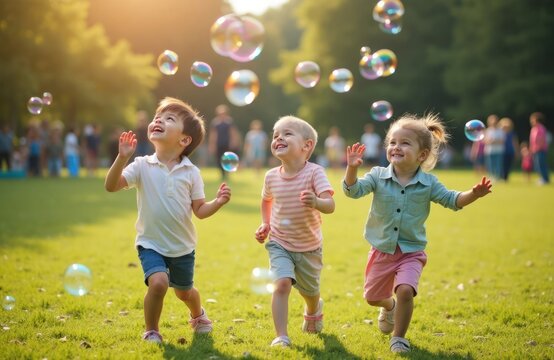 Three children run, play in park chasing colorful bubbles. Joyful kids have fun in sunny park. Happy kids enjoy summer day. Bubbles float in air. Children run fast outdoors. Parents watch kids play. - Powered by Adobe