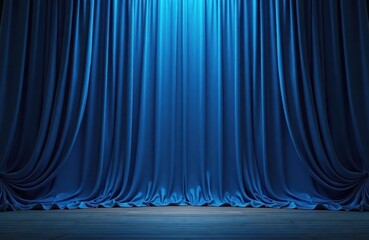 Luxurious blue theater curtain drapes elegantly. Folds of fabric create rich texture. Dramatic stage lighting enhances depth, richness of blue color. Image suitable for design projects, theater