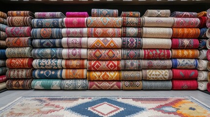 Rolled rugs with colorful patterns stacked in a shop.