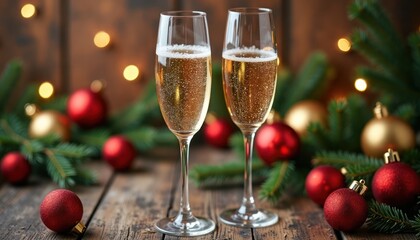 Two champagne glasses stand on rustic wooden table. Festive lights and Christmas ornaments decorate the scene. Red and gold baubles sit amongst pine branches. Festive atmosphere for celebration.