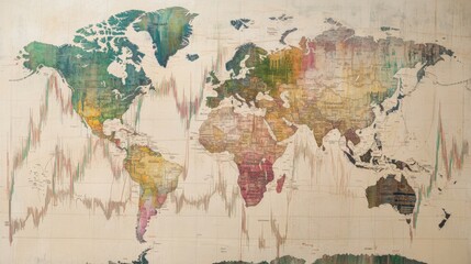 Naklejka premium Economic trends visualized by overlaying currency symbols and stock lines on a world map