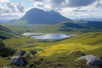 Scenic Views of Cul Mor and An Laogh Overlooking Loch an Doire Dhuibh from Stac Pollaidh in the Scottish Highlands on a Sunny Summer Day
