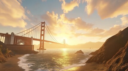 Obraz premium Golden Gate Bridge sunset, ocean waves, sandy beach.