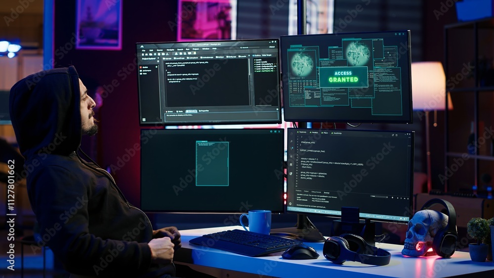 Poster hacker happy after successfully doing computer sabotage using ransomware, seeing access granted mess