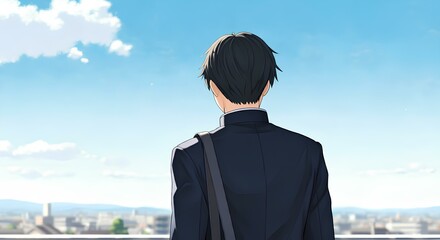 Fototapeta premium 日本の学生、男性の背中、青空、未来、イラストレーション｜Japanese student, male back, blue sky, future, illustration