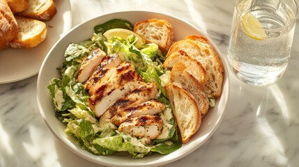 Elegant lunch setup with grilled chicken Caesar salad, crusty bread slices, and a glass of sparkling water on a marble table
