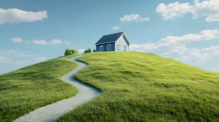 A serene house on a grassy hill with a winding path under a clear blue sky.