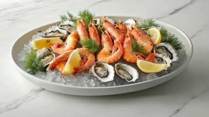 Exquisite seafood platter with oysters, prawns, and crab claws on a bed of ice, garnished with lemon wedges and fresh dill, presented on a marble countertop