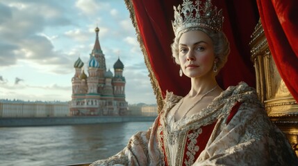 Obraz premium Regal queen, jeweled crown, ornate gown, scenic backdrop.