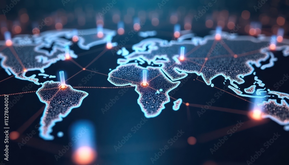 Poster global network of blockchain nodes. world map shows peer-to-peer connections. decentralized data dis