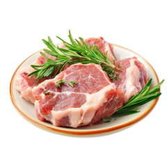 Assorted raw pork meat cuts with rosemary on a plate for cooking or grilling