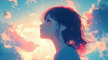 Dreamy Anime Girl Gazing at Summer Sky